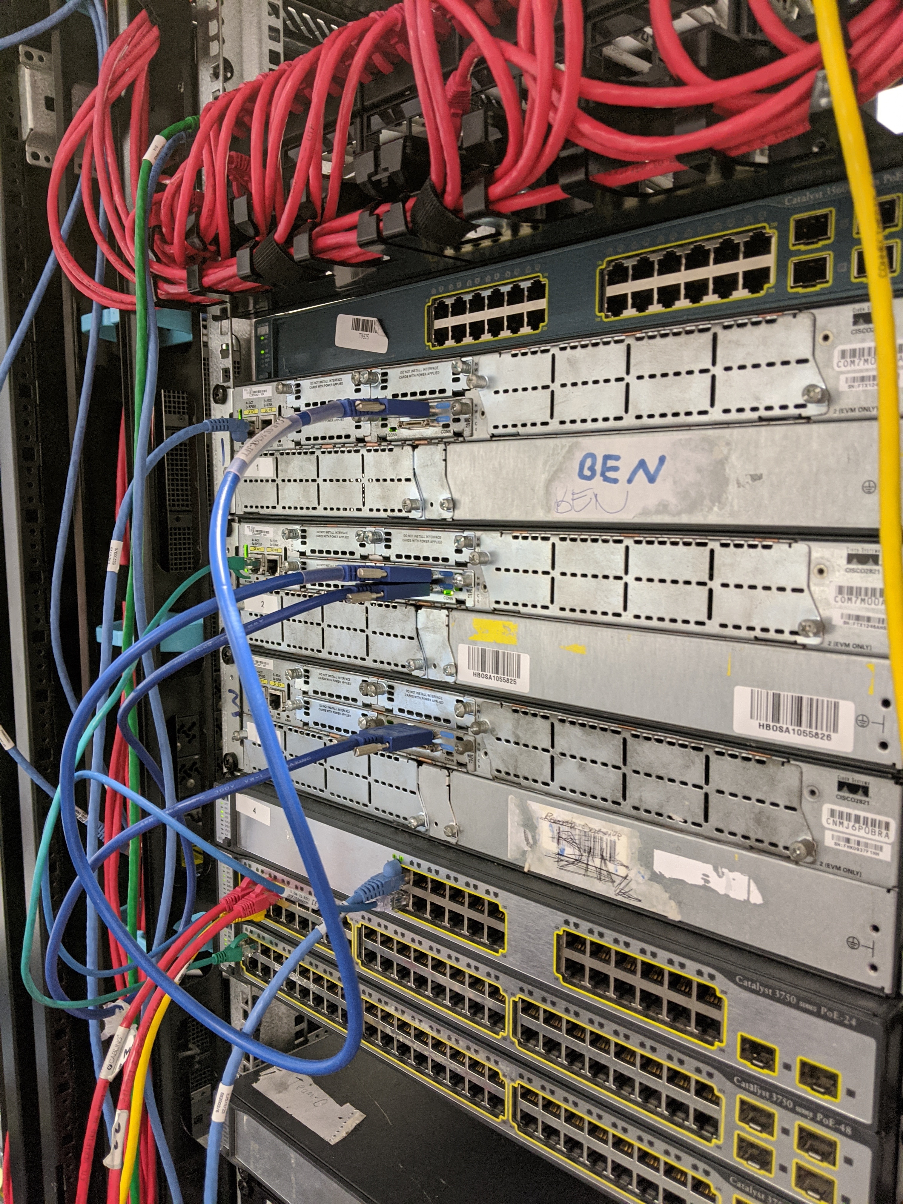 The rack of switches and routers